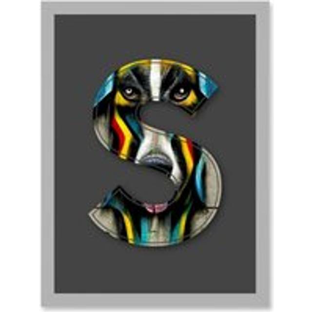 Letter S Stripe Dog Face Multicoloured Decorative Graffiti Mural Alphabet Initial Stencil Artwork Framed Wall Art Print A4 - Grey - One Size