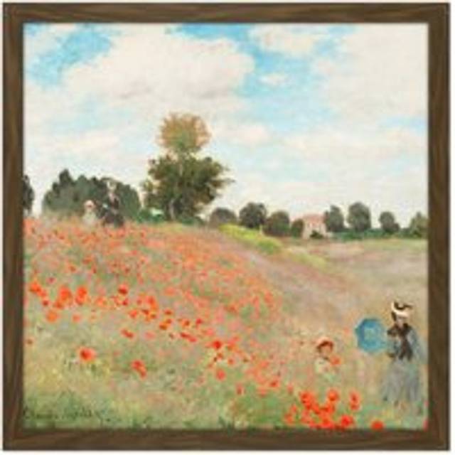 Wall Art Print Claude Monet Poppy Field With People Square Framed Picture 16X16 Inch - Brown - W16 inch x H16 inch