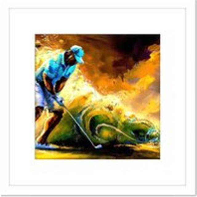 Abstract Golfing Golf Course Green Golfer Swing Sport Colourful Yellow Painting Square Wooden Framed Wall Art Print Picture 8X8 Inch - White - One Siz - One Size