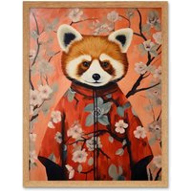 Wall Art Print Red Panda in Kimono Cherry Blossom Trees Japan Art Framed - Tan - W12 inch x H16 inch