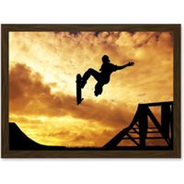 Sunset Skateboard Silhouette Half Pipe A4 Artwork Framed Wall Art Print - Brown - One Size