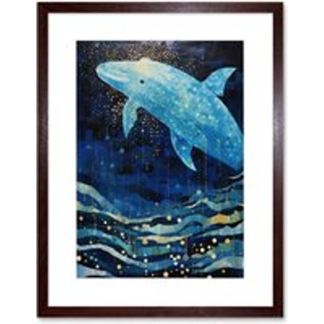 Wall Art Print Blue Whale Breach in Winter Waters Moonlit Seascape Waves Artwork Framed 9X7 Inch - Brown - W7 inch x H9 inch