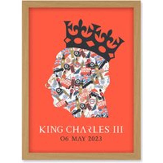 King Charles III Coronation Date British Symbol Head Collage with Crown Red Design Artwork Framed Wall Art Print A4 - Tan - One Size