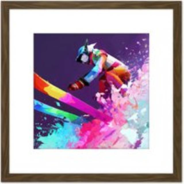Skier Ski Skiing Action Jump Motion Vibrant Watercolour Multicoloured Snow Winter Sport Square Wooden Framed Wall Art Print Picture 8X8 Inch - Brown - - One Size