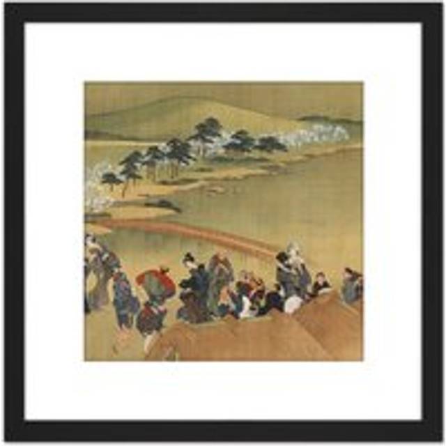 Hokusai Cherry Blossom Viewing 8X8 Inch Square Wooden Framed Wall Art Print Picture with Mount - Black - One Size
