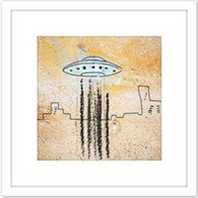 UFO Flying Saucer City Abstract Illustration 8X8 Inch Square Wooden Framed Wall Art Print Picture with Mount - White - One Size