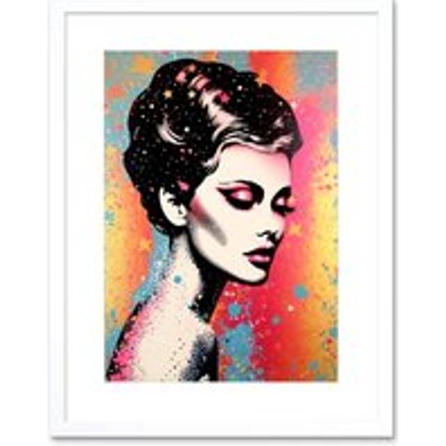Wall Art Print Stars in Hair Female Portrait Linocut Blue Yellow Pink Glam Glitter Aesthetic Teen Room Artwork Framed 9X7 Inch - White - W7 inch x H9 - W7 inch x H9 inch