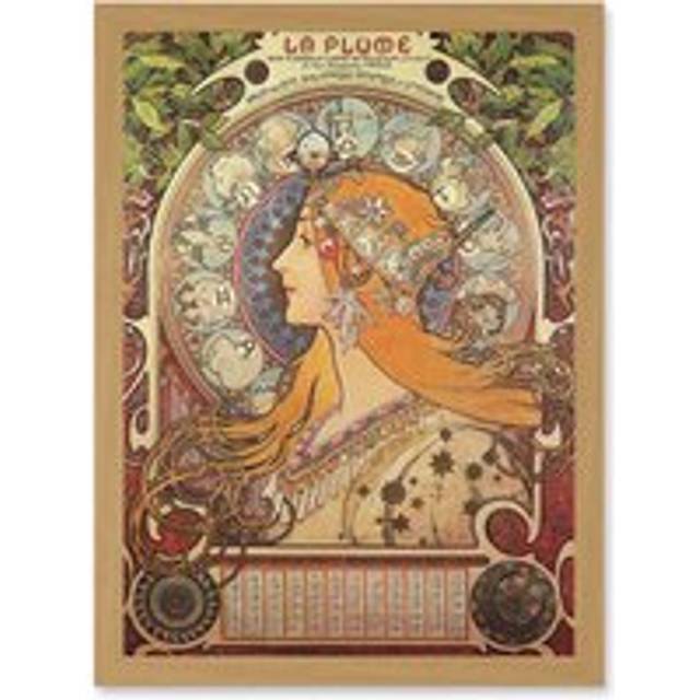 Alphonse Mucha Art Nouveau Orange Gold Painting A4 Artwork Framed Wall Art Print - Light Oak - One Size