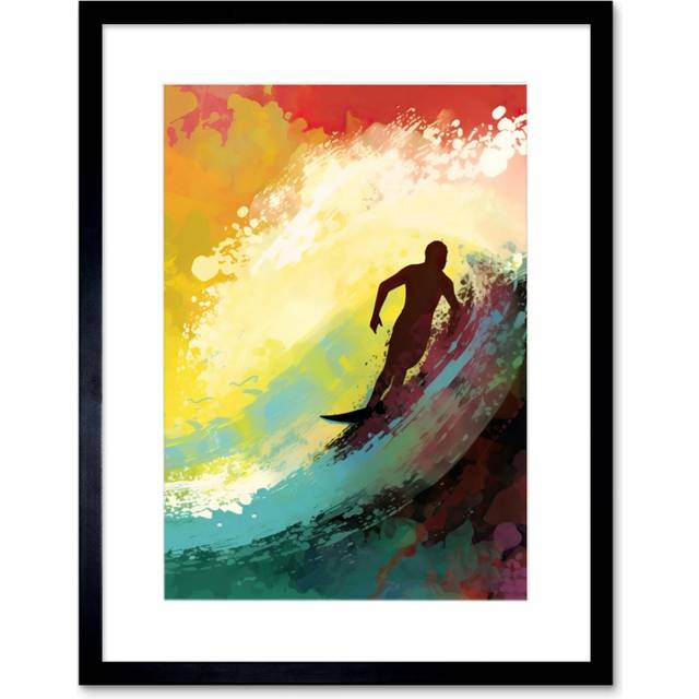 Wall Art Print The Silhouette of a Surfer Surfing on a Big Wave Artwork Framed 9X7 Inch - Black - W7 inch x H9 inch
