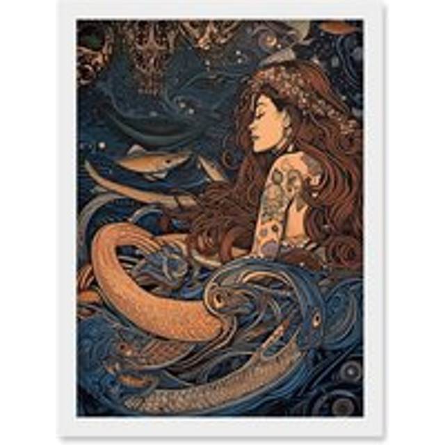 Little Mermaid and Aquatic Animals Illustration Artwork Framed Wall Art Print A4 - White - One Size