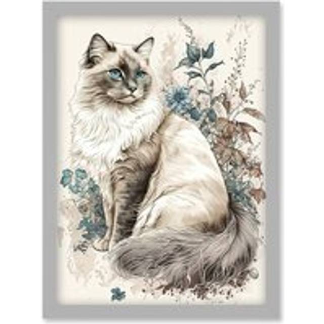 Blue Point Ragdoll Cat with Flowers Watercolour Illustration Artwork Framed Wall Art Print A4 - Grey - One Size