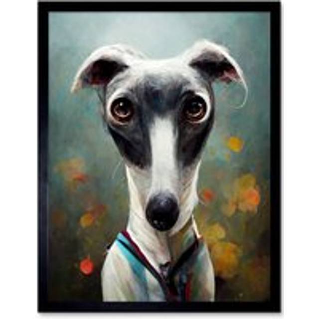 Wall Art Print Cute Greyhound Whippet Dog In Summer Meadow Painting Art Framed - Black - W12 inch x H16 inch