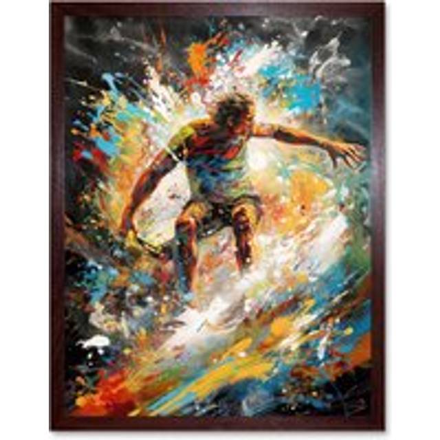 Wall Art Print Surfer Surfing on Crashing Waves Splatter Paint Art Framed - Brown - W12 inch x H16 inch