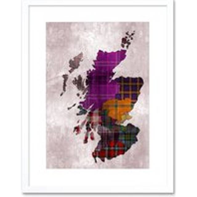 Scotland Map Scottish Clan Tartan Colour Inset Regions Modern Illustration Artwork Framed Wall Art Print 12X16 Inch - White - One Size