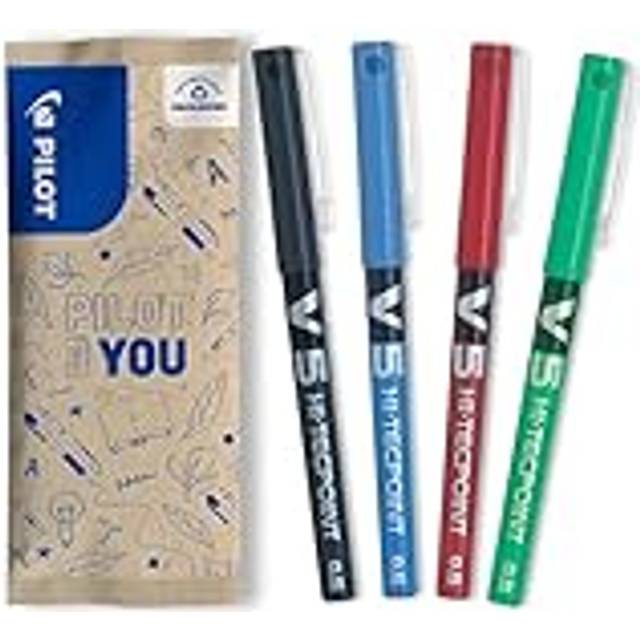 Pilot V5 Liquid Ink Rollerball 0.5mm Tip - Black/Blue/Red/Green (Pack of 4)