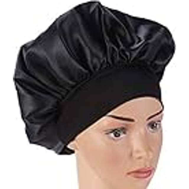 Satin sovmössa, nattmössa, hatt, långt hår, motorhuv, natthår, motorhuv, hatt för kvinnor, flickor – svart (56–58 cm), svart,