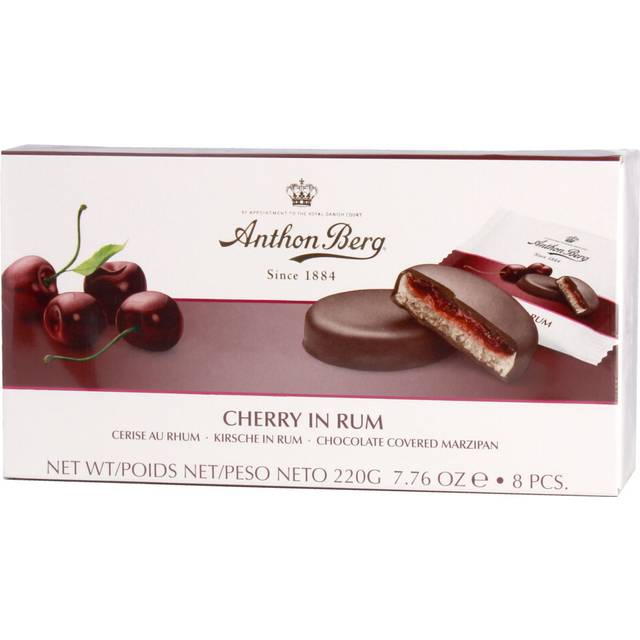 Anthon Berg - Marzipan Covered in Dark Chocolate - Cherry & Rum - Box of 220g - With a delicious jam of fresh fruits flavoured with Rum.