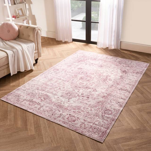 OHS Washable Vintage Printed Rug, Blush - 80 x 150 cm - Pink