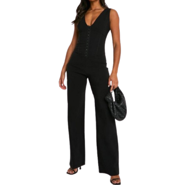 Womens Eyelet Corset Jumpsuit - Black - 10