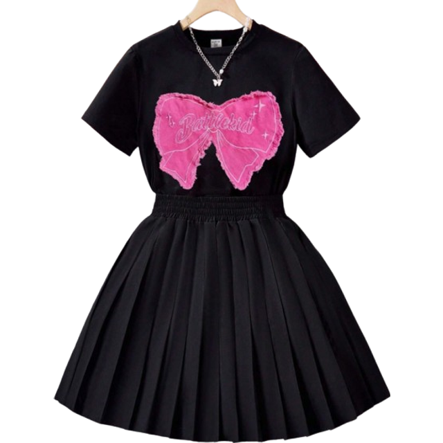 SHEIN Teen Girl 2pcs/Set Round Neck Short Sleeve T-Shirt With Bowknot Detail And Black Pleated Skirt, Summer,Holiday,Summer,Travel
