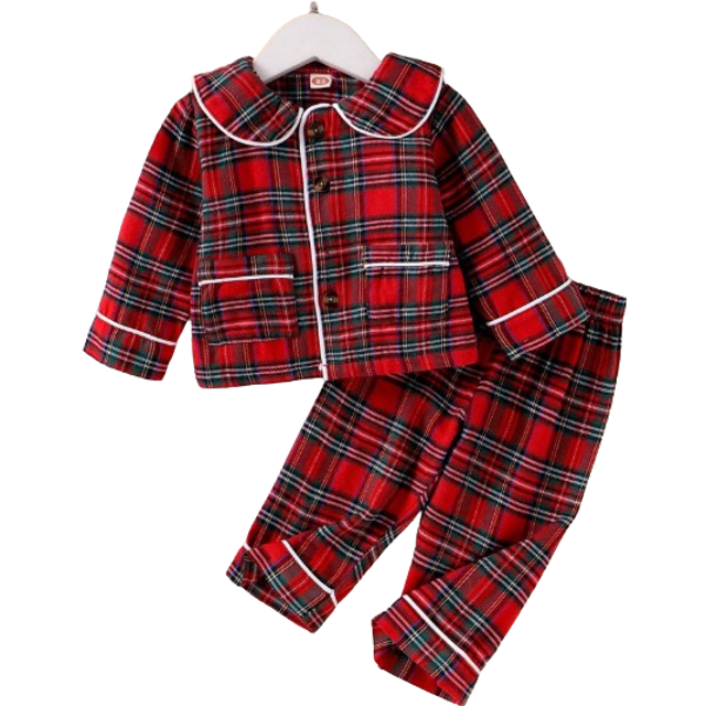 SHEIN 2pcs Baby Girl Comfy Long Sleeve Plaid Collar Loungewear Pajama Set, Autumn/Winter