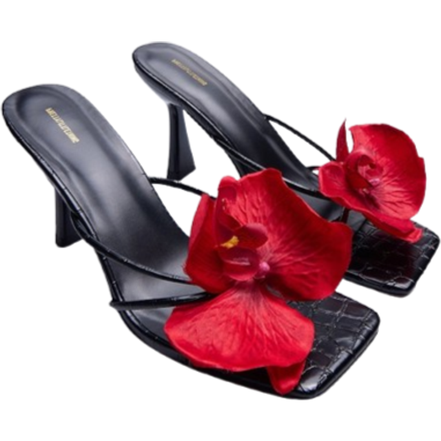 Black Croc PU Red Flower Square Toe Heeled Mules, Black - 3