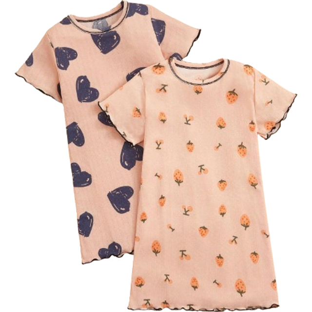 SHEIN Young Girl 2pcs Short Sleeve Sleep Dress Set With Floral And Heart Prints, For Home Wear