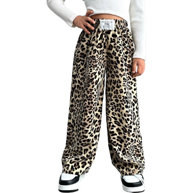 SHEIN Young Girl And Young Girl Casual Loose Leopard Print Straight Leg Pants, Suitable For Daily Wear, Can Be Paired With Various Fitted Cropped T-Shirts O