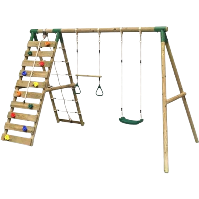 Rebo - Wooden Swing Set with Up and Over Climbing Wall - Savannah Green
