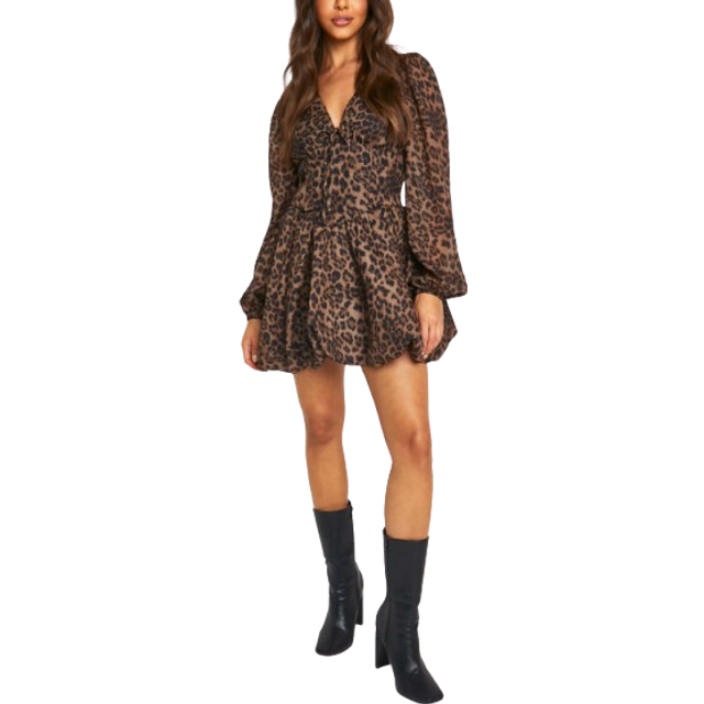 Womens Chiffon Leopard Print Puff Sleeve Milkmaid Skater Dress - Multi - 12