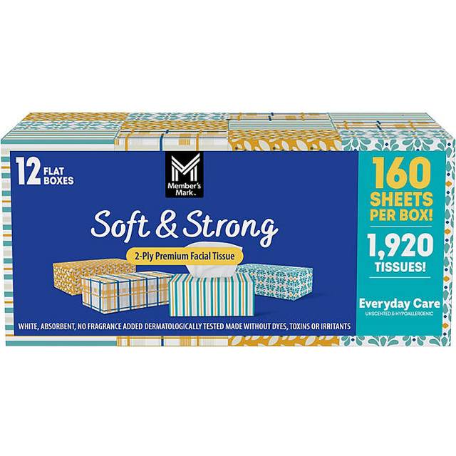 Member's Mark Member's Mark Soft & Strong Facial Tissues  12 Flat Boxes  160 2-ply Tissues Per Box