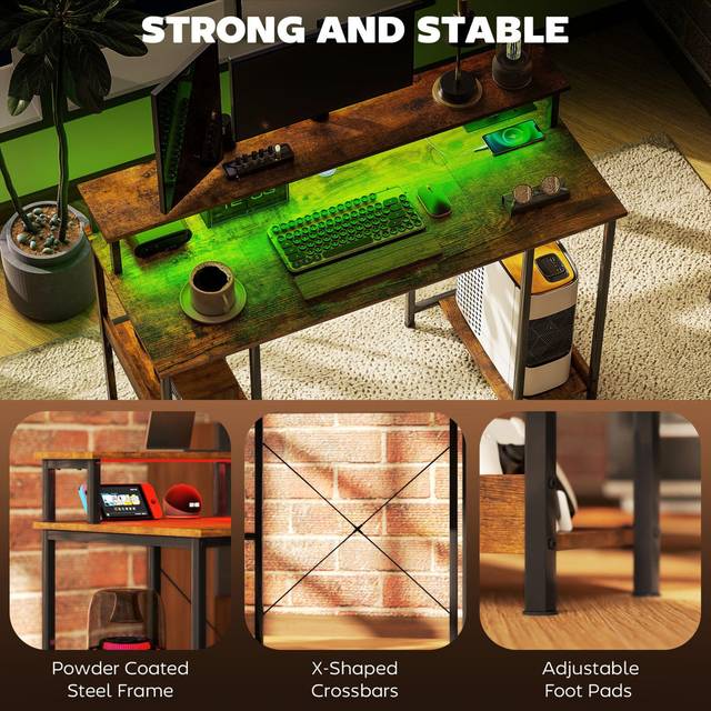 Computer Desk With Power Outlet And LED Light, Flip Home Desk With Monitor Stand And 2-Tier Storage Shelves - Brown (89.5cm H X 120cm W X 50cm D)