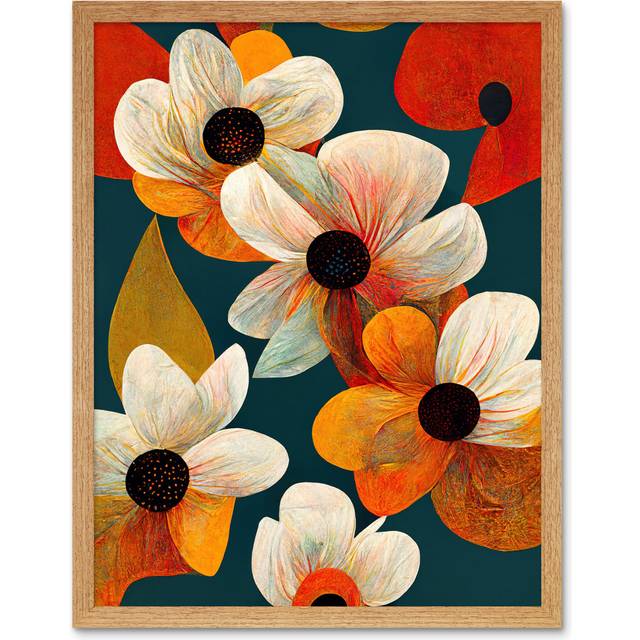 Wall Art Print Bold Colourful Daisies and Poppy Flowers Cobalt Orange Art Framed - Tan - W12 inch x H16 inch