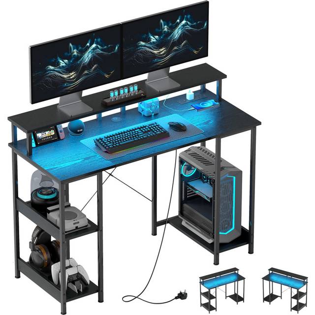 Computer Desk With Power Outlet And LED Light, Flip Home Desk With Monitor Stand And 2-Tier Storage Shelves - Black (89.5cm H X 120cm W X 50cm D)