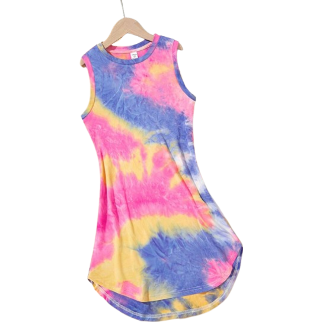 SHEIN Tween Girl&#39;s Casual Streetwear Spring/Summer Sleeveless Knit Tie-Dye Round Neck Dress