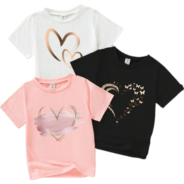SHEIN 3pcs/Set Mother&#39;s Day Cute Holiday Theme Young Girl&#39; Leopard, Sunflower, Heart & Mom Text Graphic Print T-Shirts Set For Summer