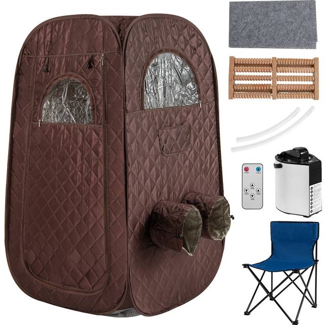 COSTWAY Portable Steam Sauna Tent with 1000W 3L Steam Generator and Chair-Brown, Brown