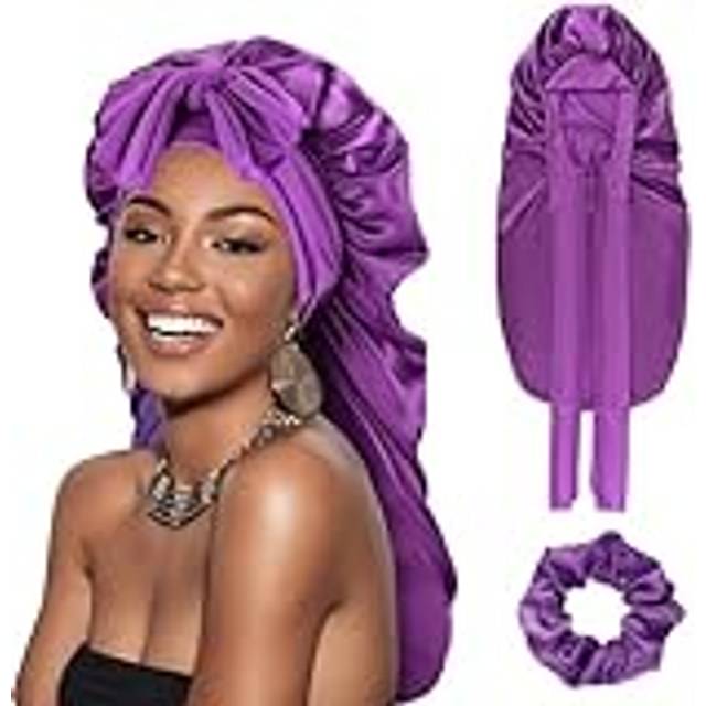 Long Satin Braid Bonnet for Women Silk Bonnet for Sleeping Sleep Cap with Elastic Tie Band Night Cap for Long Curly Hair Locs