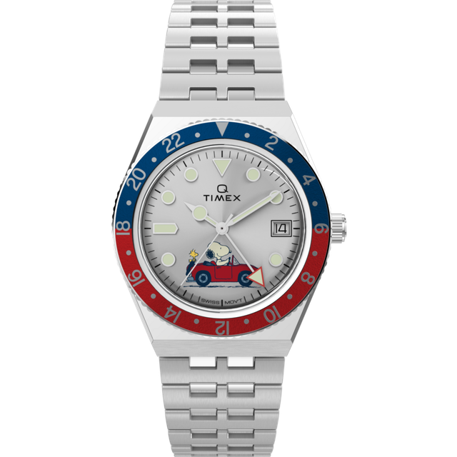 Timex x Peanuts Q Timex GMT Silver-Tone Stainless Steel Strap Men's Watch TW2W83300