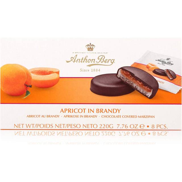 Anthon Berg - Marzipan Covered in Dark Chocolate - Apricot & Brandy - Box of 220g - With a delicious jam of fresh fruits flavoured with Brandy.