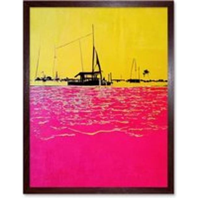 Wall Art Print Modern Abstract Seaside Port With Colour Blocking Yellow and Hot Pink Art Framed - Brown - W12 inch x H16 inch