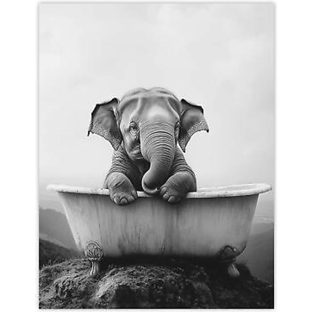 Cute Baby Elephant In Bathtub Black White Surreal Wall Art Print - Grey - W18 inch x H24 inch