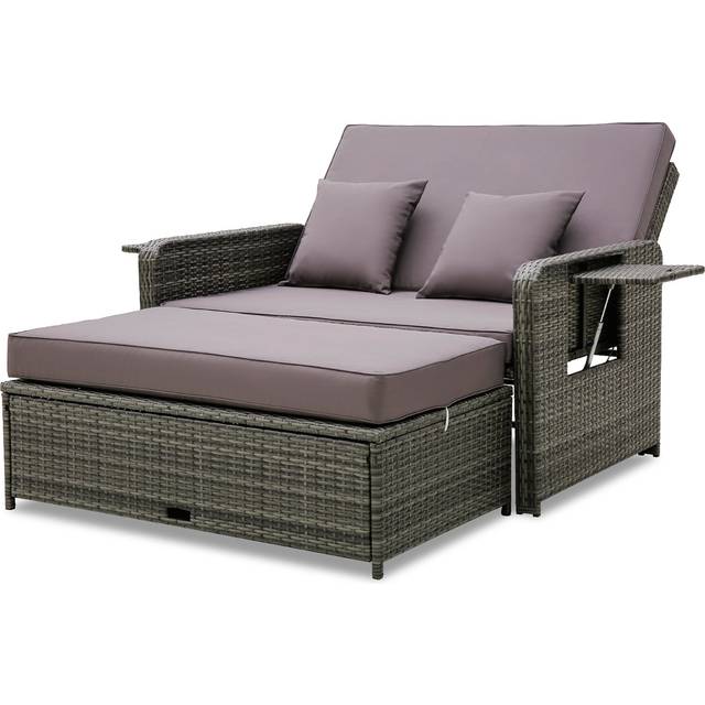 Patio Rattan Daybed Set with Multipurpose Ottoman and Retractable Side Tray-Grey