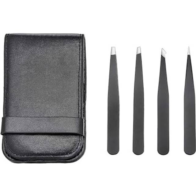 Eyebrow Tweezers, Stainless Steel Slant and Pointed Hair Removal Tweezers, Precision Tweezers for Ingrown Hair, Eyebrows Plucking, 4-Pack, Black