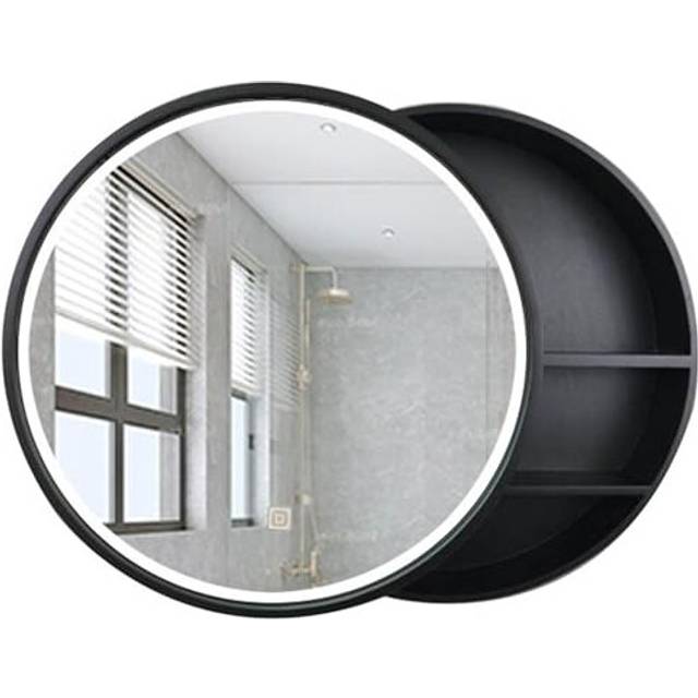 Mirror Cabinets Bathroom Round Solid Wood Wall-mounted Mirror Mirror With LED Light Strip Wall-mounted Storage Cabinet Color : Black, Size :