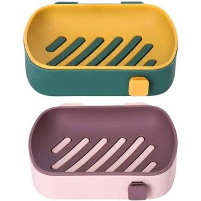 2-piece wall mounted soap box, portable soap box with drainage function, the soap is pink and yellow