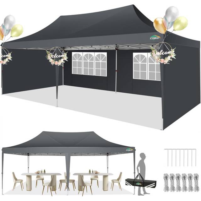 COBIZI Pop Up Gazebo, 3x6m Gazebo with 4 Removable Sidewalls, 3 Adjustable Height Waterproof, UV-Resistant with Carry Bag, 4 Stakes, 4 Ropes for