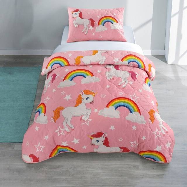 Steexu Girls Single Duvet Cover Set - Cotton Single Bedding Set - Duvet Cover Single Quilt Cover - Pink Bedding With Rainbow and unicorn Print -