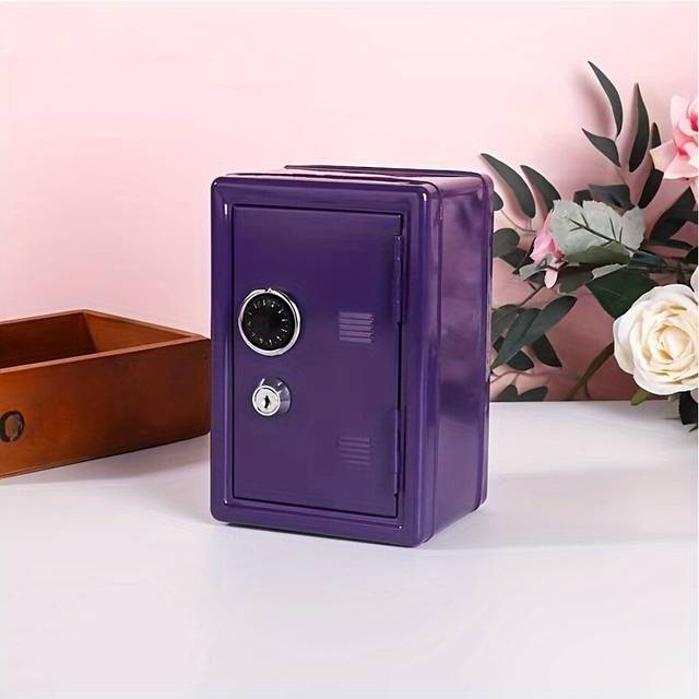 (Purple) Metal Mini Safe, Creative Lockable Change Deposit Box, Key Storage Box