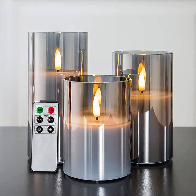 (White) Silver Gray Glass Flameless Flickering Candle Light with Remote Control